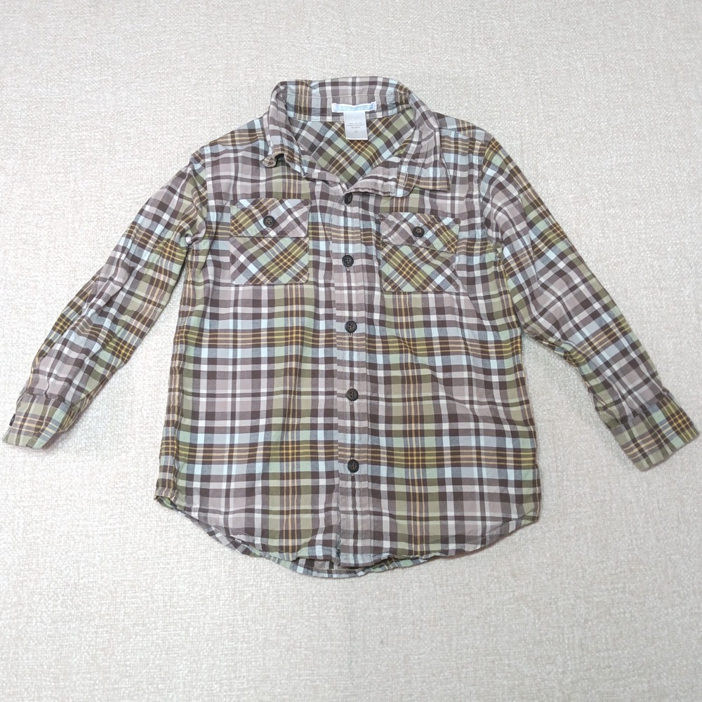 Janie and Jack Boys 4T Brown Green Plaid Long Sleeve Button Down Flannel Shirt